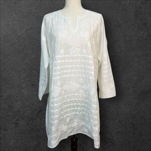 Marigold White Embroidered Tunic Top Womens Size 48 US 12 Boho Coastal Lagenlook